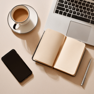 Minimalistisches Arbeitsplatz-Layout mit Laptop, Notebook, Kaffee und Smartphone