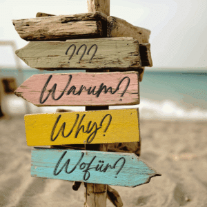 Wegweiser am Strand mit 4 Holtafeln: ???, Warum? Why? Wofür?
